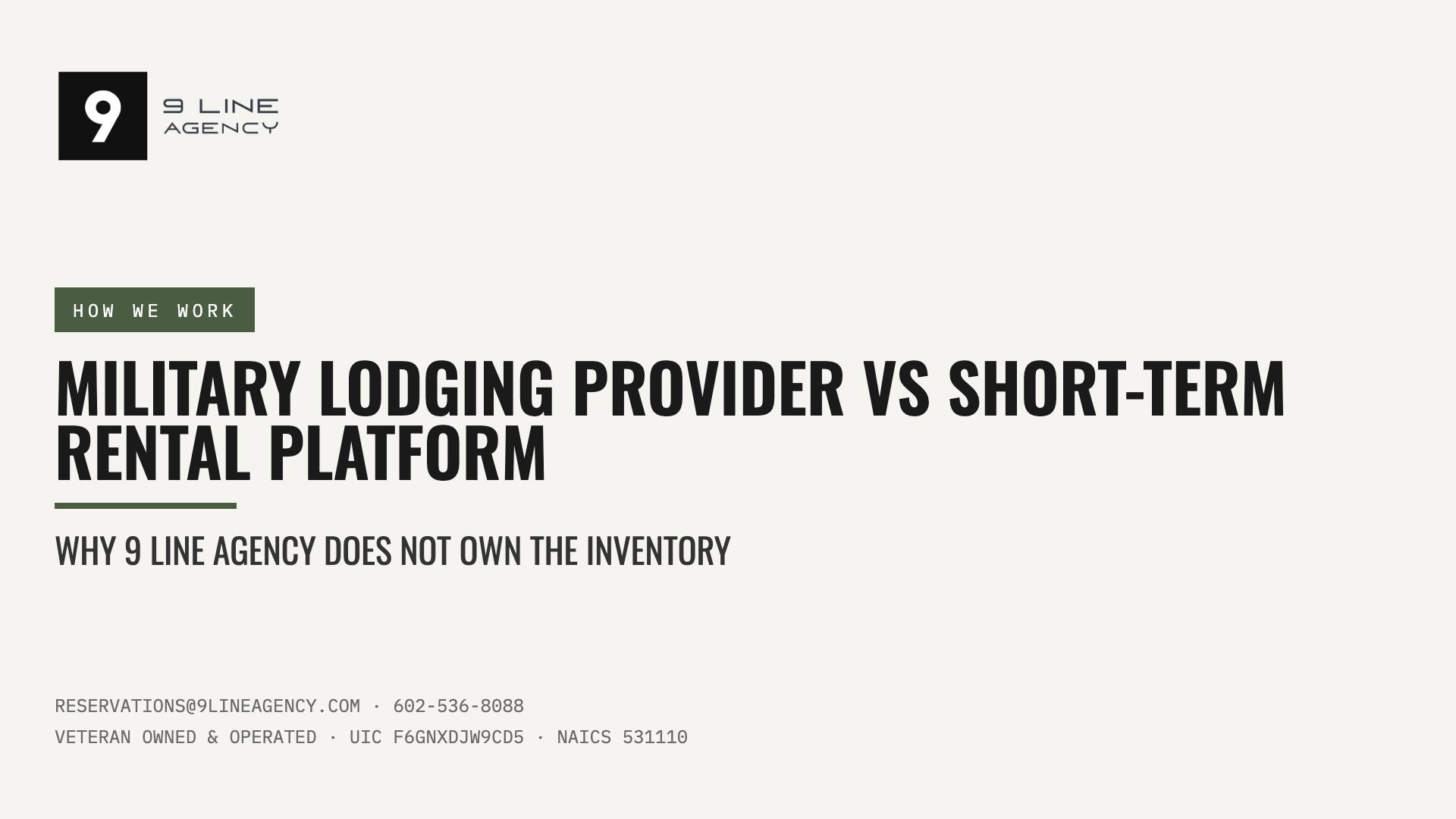 Military Lodging Provider vs Short-Term Rental Platform: Why 9 Line Agency Does Not Own the Inventory